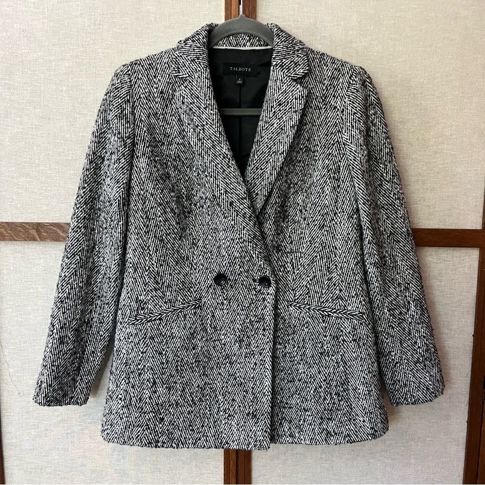 Talbots Black and White Classic Tweed Chevron Style Wool Blend Blazer - 2
